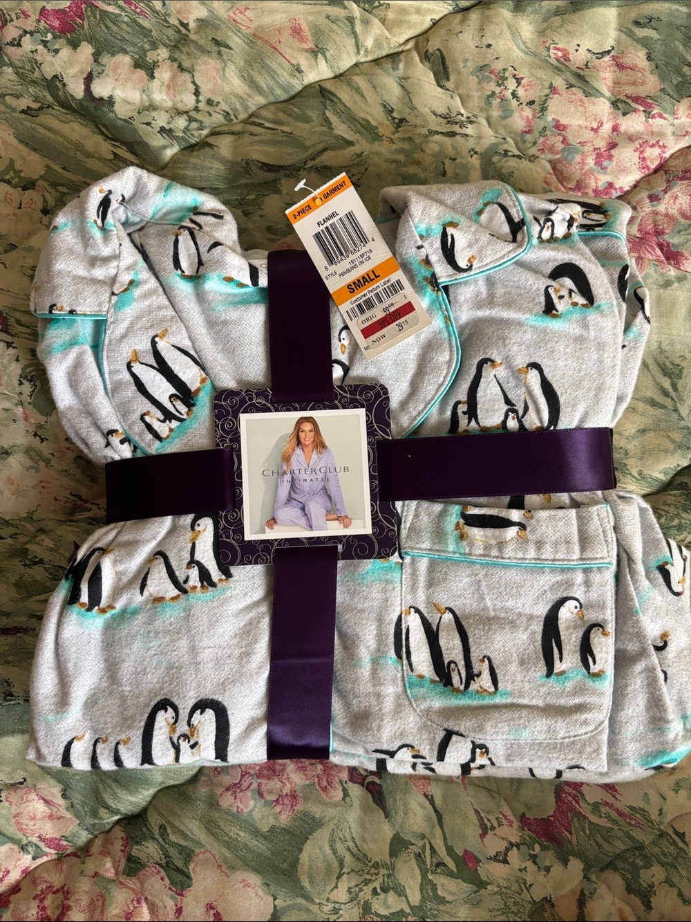 Charter Club Gray Penguin Print Robe with Teal Trim - Small